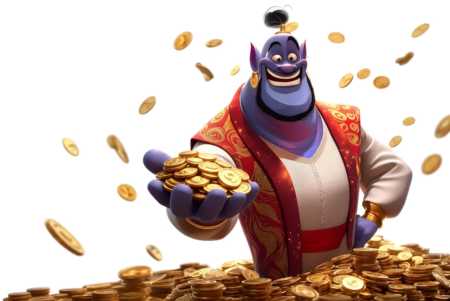 Caswino888 info genie holding out a handful of gold coins
