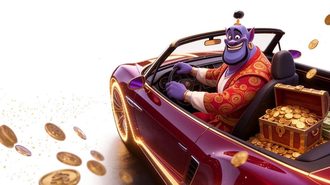 Caswino888 info genie driving away with a chest of gold
